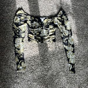 Just Polly Medium ruched long sleeve off the shoulder mesh crop top